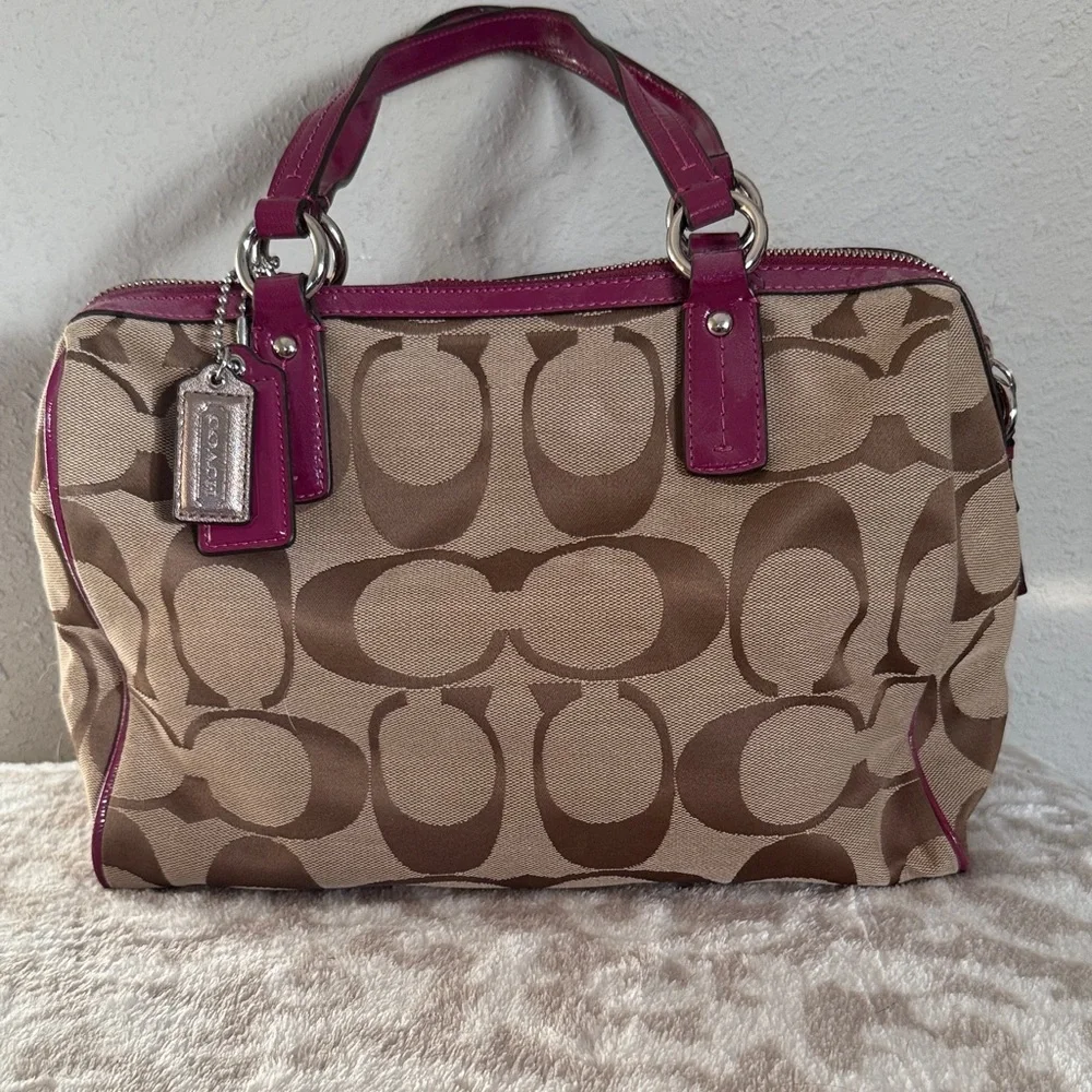 Coach Tan and Magenta Signature Satchel - Picture 2 of 4